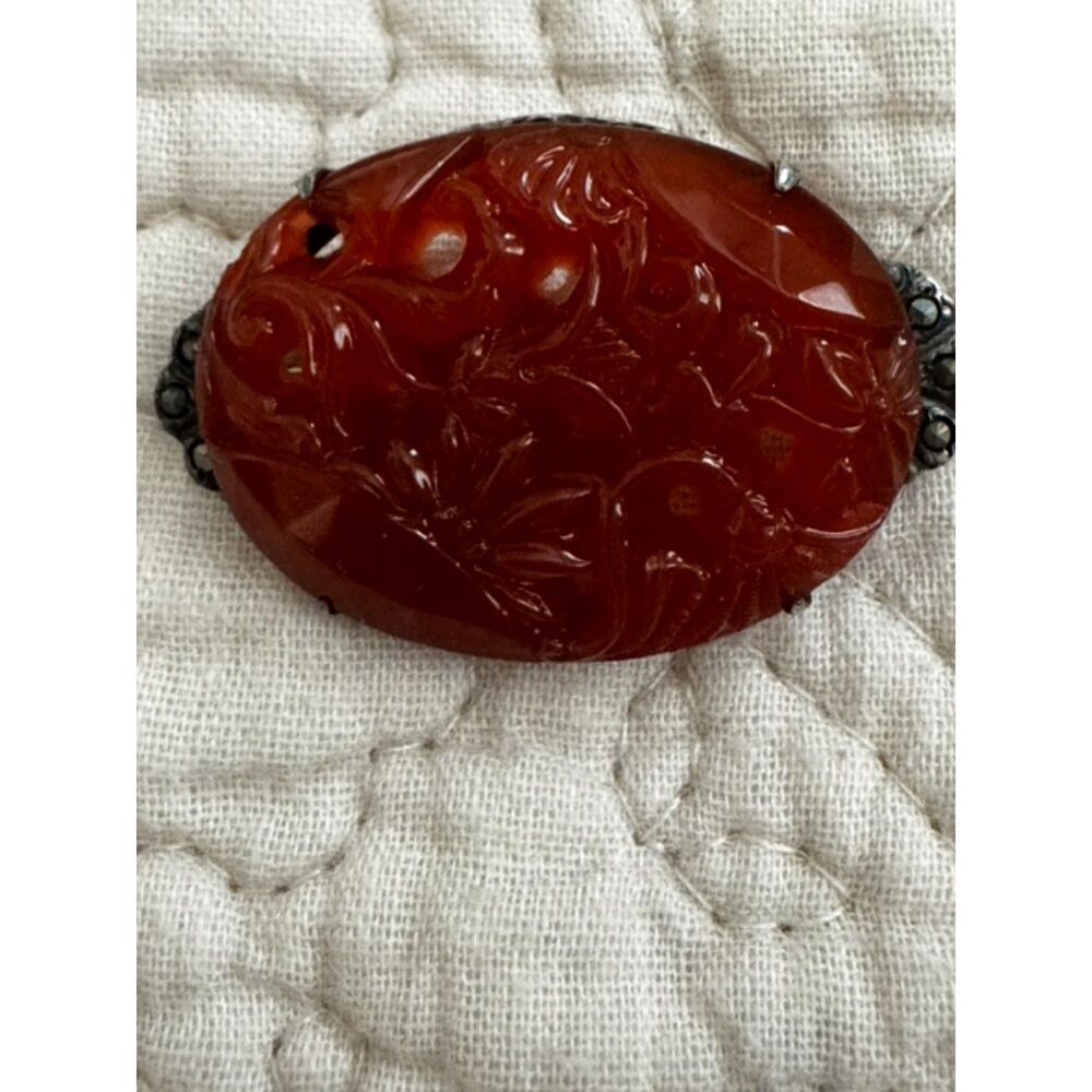 Antique Carved Carnelian and Sterling silver brooch.
